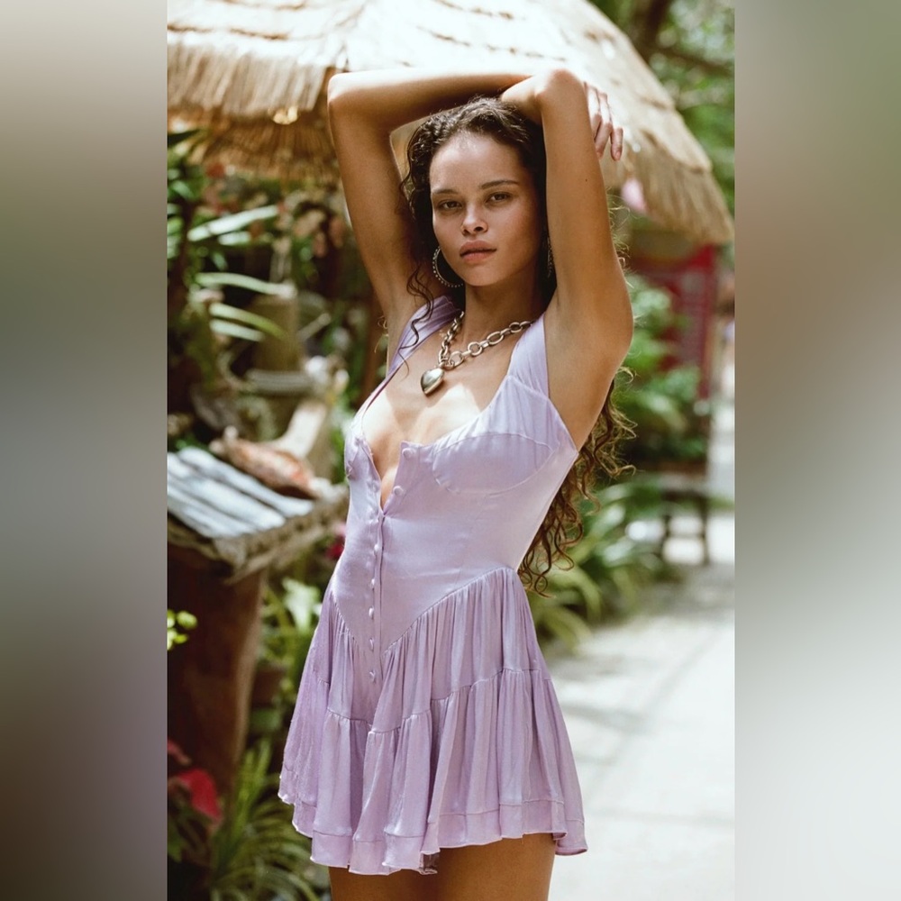 Vanessa Mooney Elisabeth Romper Mini Dress Purple Satin